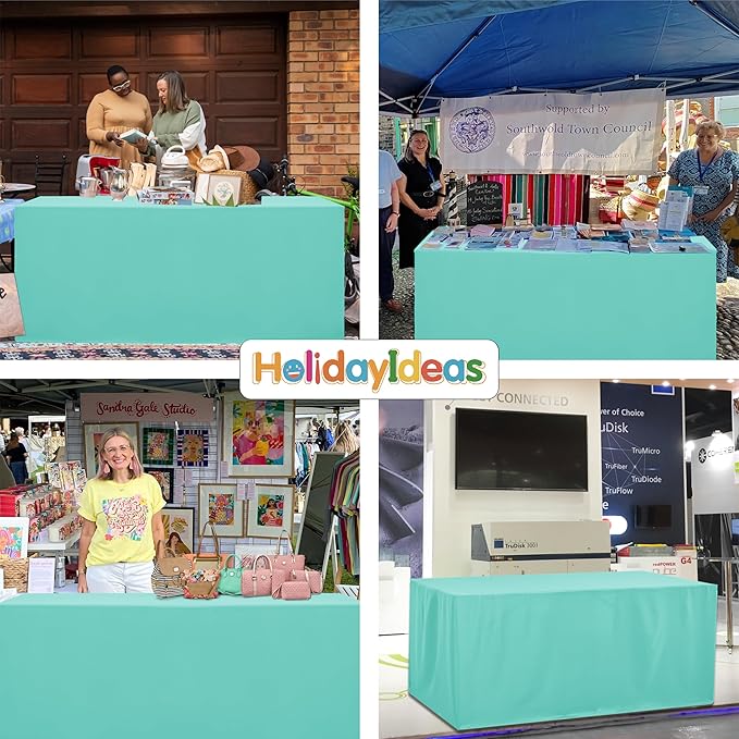 HolidayIdeas Open Back Fitted Tableclothss for 8 Foot Rectangle Table, Wrinkle Resistant Washable Table Covers 96x30 Inch for Craft Fairs, Banquets, Baby Shower, Aqua,4 Pcs