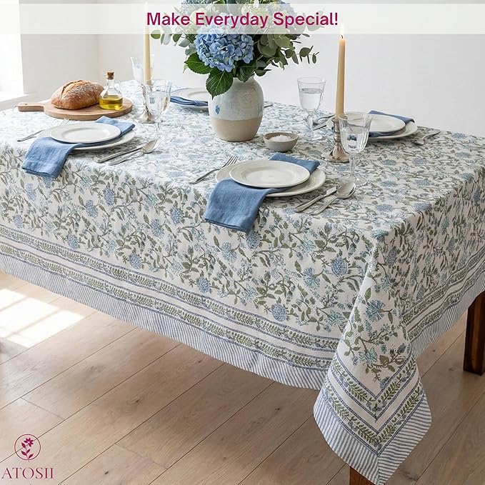 ATOSII Mahoka Blue 100% Cotton Rectangle Tablecloth, Handblock Floral Print Linen Table Cloth for Kitchen Dining I Parties, Outdoors, Weddings, Holidays, Summer I 72 X 108 Inches I 8 Seater