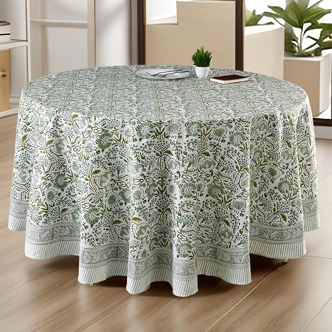 CPC Round Tablecloth- Cotton Indian Block Print Tablecloth -Handmade Printed Washable Cotton Table Cloth - Spring/Summer, Wedding Table Cover - Agate Green 60 Inches
