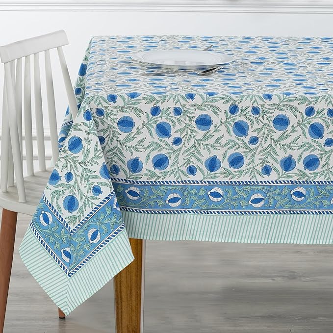 Ridhi Hand Block Print Queen Blue Rectangle Cotton Tablecloth 140" x 72" Reusable Table Cover Decorative Everyday Use for Dining, Farmhouse, Home Gift for Spring, Easter, Valentine