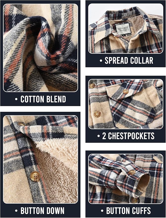 Men's Cotton Sherpa Lined Button Down Flannel Shirt Jacket Plaid Soft Outdoor Flannel Jacket Shirt