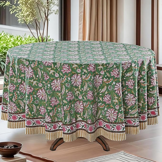 Ridhi Block Print Round Hunter Green Reusable Tablecloth 100% Cotton 60" Inch Decorative Table Cover eveyday Dining, Home, Party, Wedding, Farmhouse Gift for Spring, Easter, Valentine