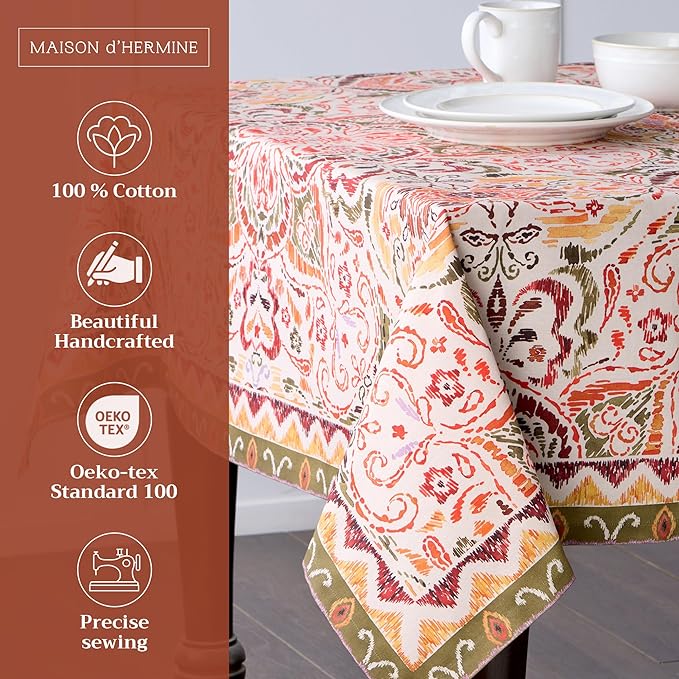 Maison d' Hermine Table Cloth Rectangle Table 100% Cotton 60 x 120 Inches Fall Tablecloth Reusable Everyday Use for Thanksgiving Christmas Decorations Dining Farmhouse Party (Damask)