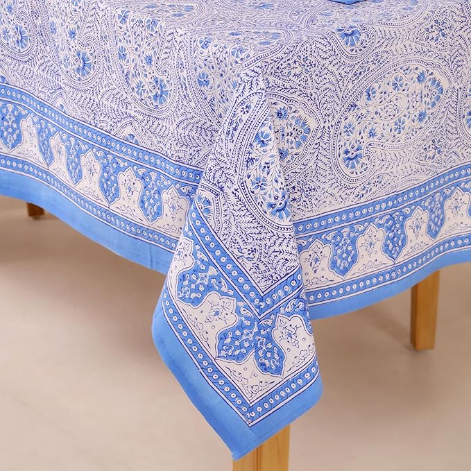 Hand Block Printed Table Cover - Exquisite Design, Premium Cotton Fabric, Perfect for Dining and Decor, Dining Table Linen(Arctic Blue,8 Seater 70 x 108 Inches Rectangle)