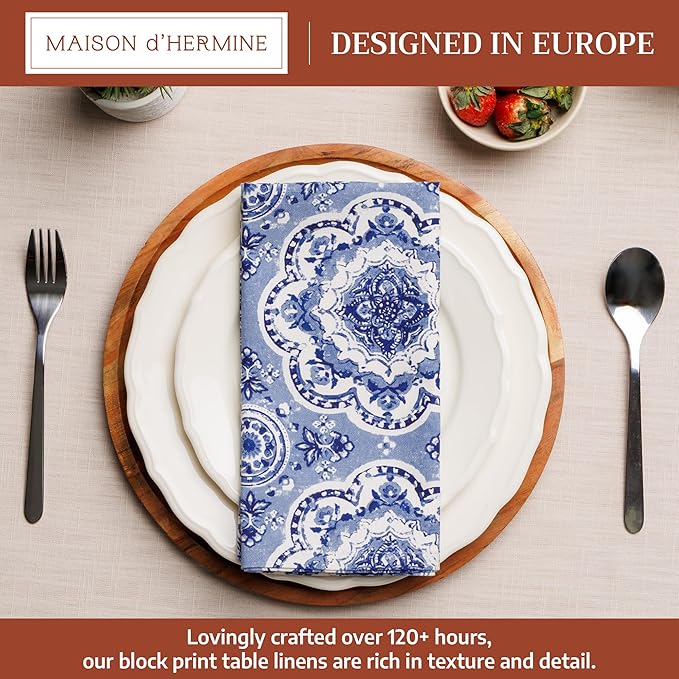 Maison d' Hermine Cloth Napkins Set of 4 100% Cotton Everyday Reusable Square Napkins Cloth Washable Dinner Party Wedding Restaurant Valentines Day Decorations Spring/Summer(Melodie Bleue, 20" x 20")