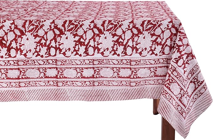 ATOSII Meraki Red 100% Cotton Tablecloth, Handblock Print Rectangle Table Cover for Kitchen Dining I Tabletop Linen I Parties, Thanksgiving, Christmas, Wedding, Fall Table Cloth 60 X 108 Inches