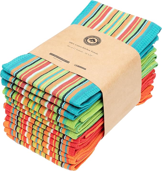 Colorful Kitchen Towels - 100% Cotton, 28"x16", 12 Pack, Waffle Dish Towels - Absorbent, Lint-Free, Salsa Stripe Southwest Kitchen Towels - Mexican Dish Towels with Festive Feel (12 Pack)