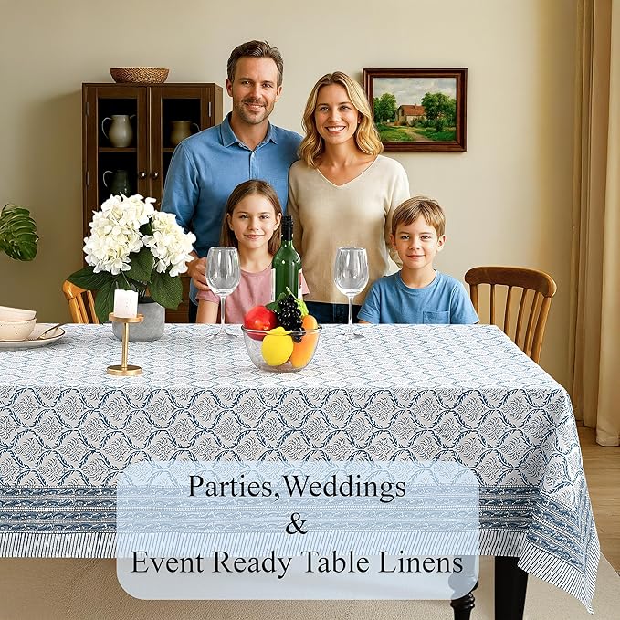 CPC Indigo Regal Tablecloth 100% Cotton 70x108 Inch Indian Block Print Rectangle Table Cover, Table Cloth for Gifting in Weddings, Halloween, Fall, Christmas, Thanksgiving