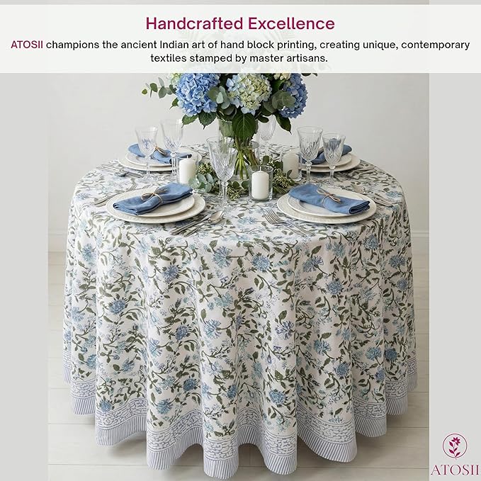 ATOSII Mahoka Blue 100% Cotton Round Tablecloth, Block Print Floral Table Cloth for Dining, Parties, Weddings, Outdoors, Holidays I 72" Inches, 4 Seater I Grandmillennial Farmhouse Boho Summer