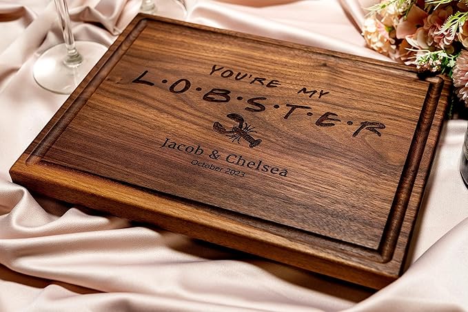 Personalized Cutting Board, Custom Wedding, Anniversary or Housewarming Gift Idea, Wood Engraved Charcuterie, for Couples, Family and Clients (FRIENDS Themed Lobster 087)