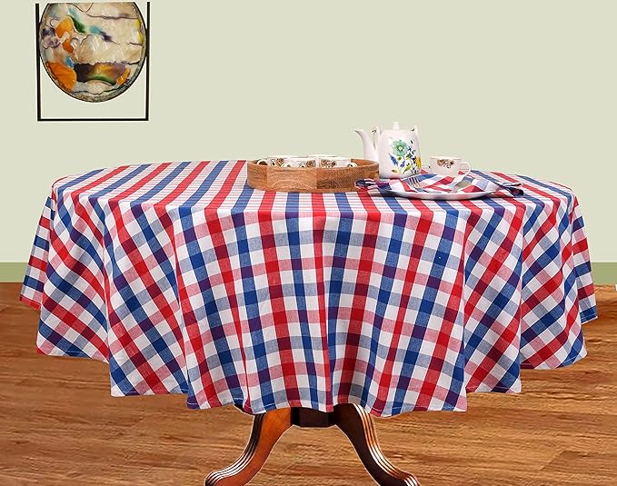 Urban Villa Tablecloth Check Table Cloth Tabletop Cover Kitchen Dining Tablecloth 100% Cotton Great for Parties Wedding Holiday Dinner Red/Blue/White Round 70 Inches 4-6 Seats Table Cloth