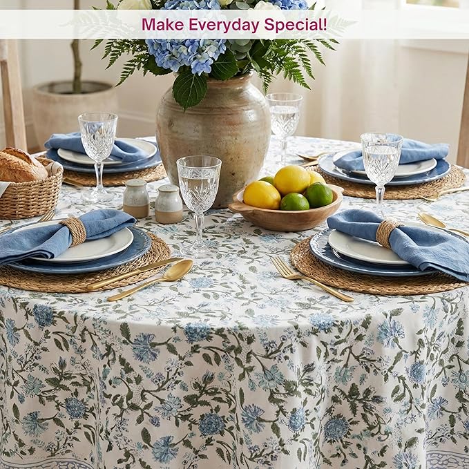 ATOSII Mahoka Blue 100% Cotton Round Tablecloth, Block Print Floral Table Cloth for Dining, Parties, Weddings, Outdoors, Holidays I 72" Inches, 4 Seater I Grandmillennial Farmhouse Boho Summer