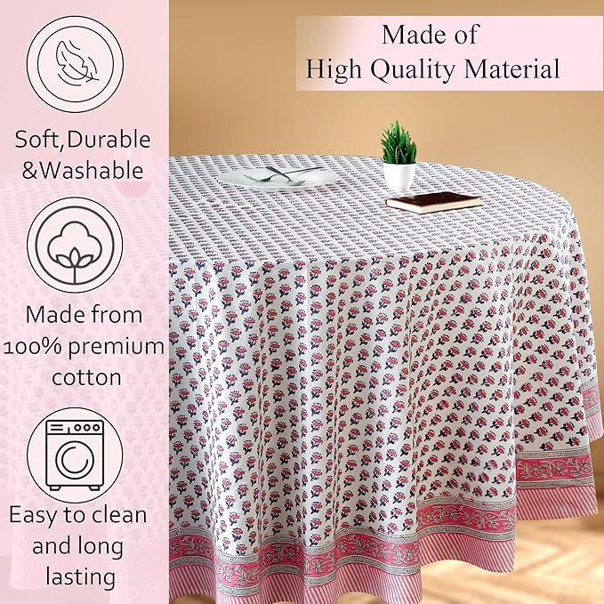 CPC Round Tablecloth- Cotton Indian Block Print Tablecloth -Handmade Printed Washable Cotton Table Cloth - Spring/Summer, Wedding Table Cover - Pink Sapphire 60 Inches