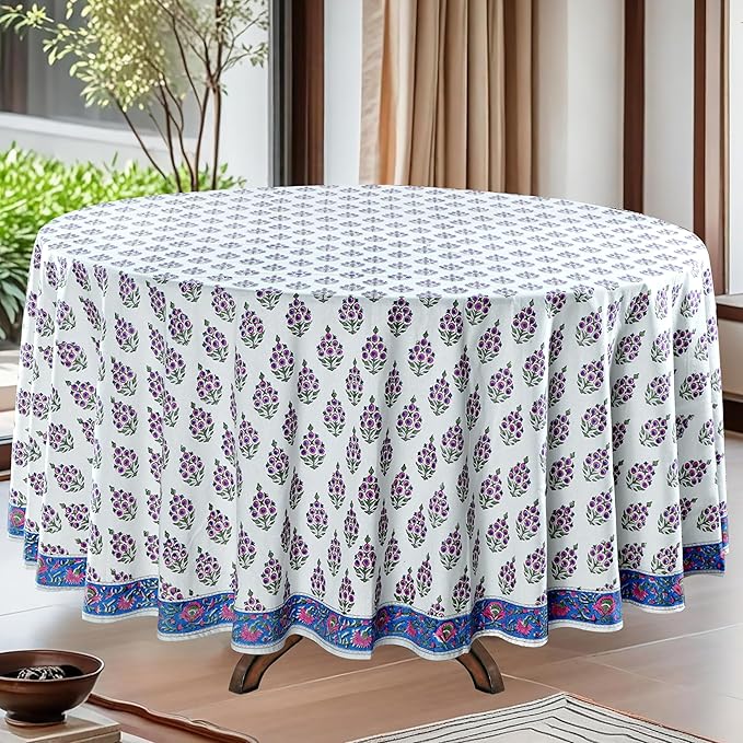 Ridhi Block Print Round Ruddy Blue Reusable Tablecloth 100% Cotton 132" Inch Decorative Table Cover eveyday Dining, Home, Party, Wedding, Farmhouse Gift for Spring, Easter, Valentine