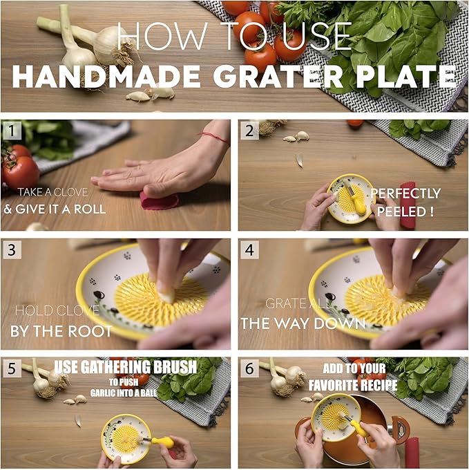 Handmade Ceramic Garlic Grater - 4 Pcs Garlic Press - Natural Ginger & Cheese Grinder - Decorative Mincer - Honey Yellow