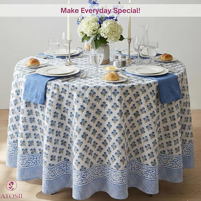 ATOSII Gulbahar Blue 100% Cotton Fall Round Tablecloth, Handblock Print Floral Table Cloth for Kitchen Dining Linen I Thanksgiving, Christmas, Weddings, Outdoors, Parties I 90" Inches Diameter