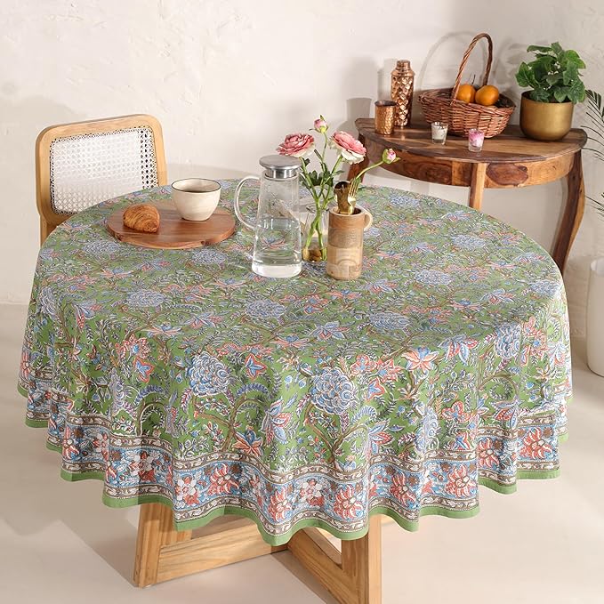 Hand Block Printed Table Cover - Exquisite Design, Premium Cotton Fabric, Perfect for Dining and Decor, Dining Table Linen (Forest Ash Elegance, 10 Seater 108 Inches Round)