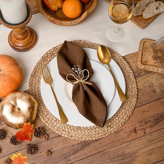 Blue Needles Solid Cloth Napkins Set of 12 Nut Brown 100% Cotton Dinner Napkins 18x18 inches - Soft, Reusable, Absorbent & Washable Linen, Ideal for Wedding Events, Parties & Everyday Use