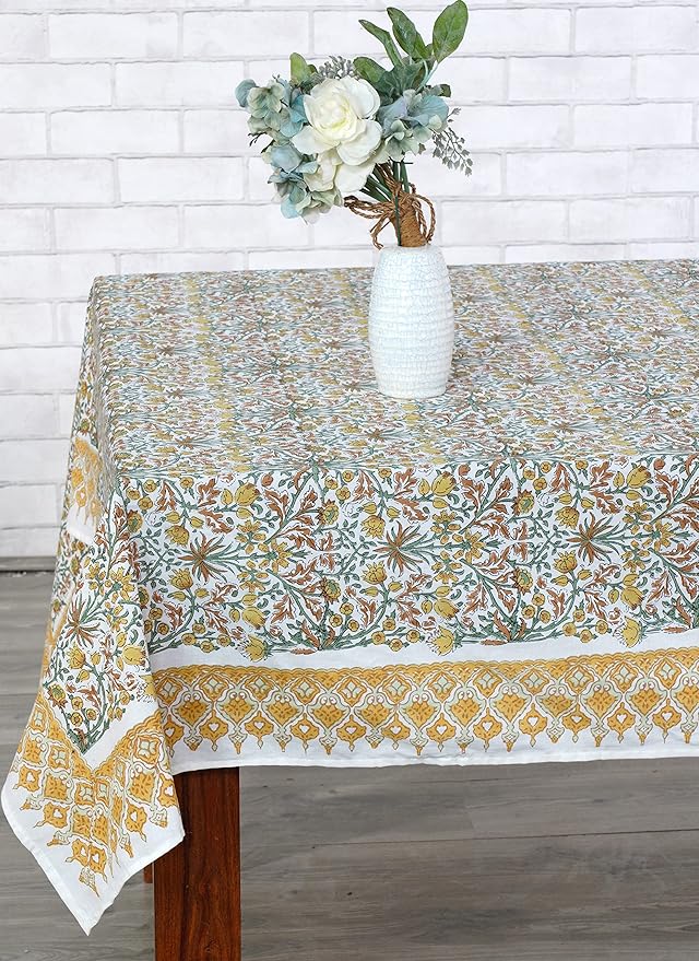 Ridhi Hand Block Print Goldenrod Yellow Rectangle Cotton Tablecloth 190" x 72" Reusable Table Cover Decorative Everyday Use for Dining, Farmhouse, Home Gift for Spring, Easter, Valentine