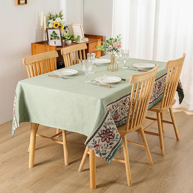 Dimatic Heavyweight Cotton and Linen Rectangular Tablecloth with Botanical Pattern for Dining Tables, Desks, and Holiday Decorations Table Cover, Green 55 x 102 Inches
