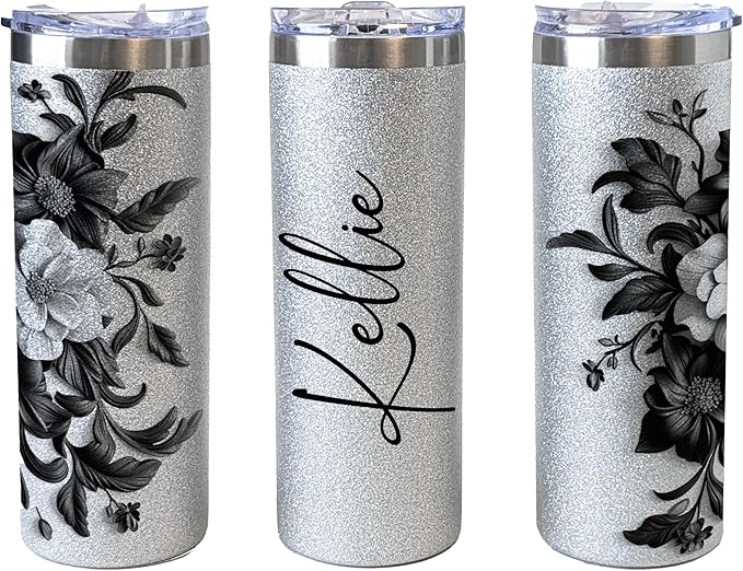 MRC Wood Products Personalized 20oz Glitter Tumbler with Floral Motif - Custom Name Insulated Cup, for Her (Silver)