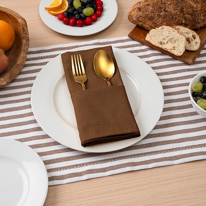 Blue Needles Set of 6 Hemstitch Linen Napkins 100% Cotton Nut Brown Cloth Dinner Napkins 18x18 inches, Soft, Reusable, Absorbent, Washable, Ideal for Wedding Events, Parties & Everyday Use