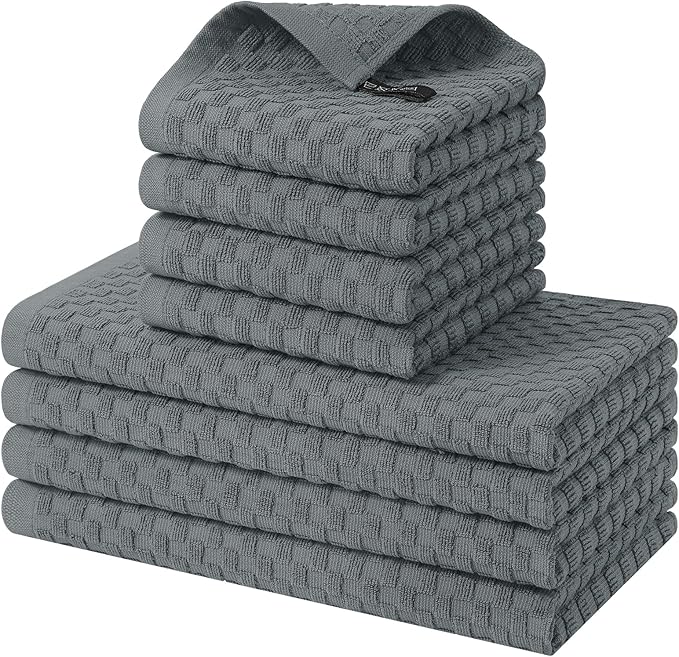 Homaxy 100% Cotton Kitchen Towels and Dishcloths Set, 12 x 12 & 15 x 25 Inches, Set of 8 Bulk Terry Cloth Dish Towels, Super Soft and Absorbent Hand Towel with Hanging Loop, Dark Grey
