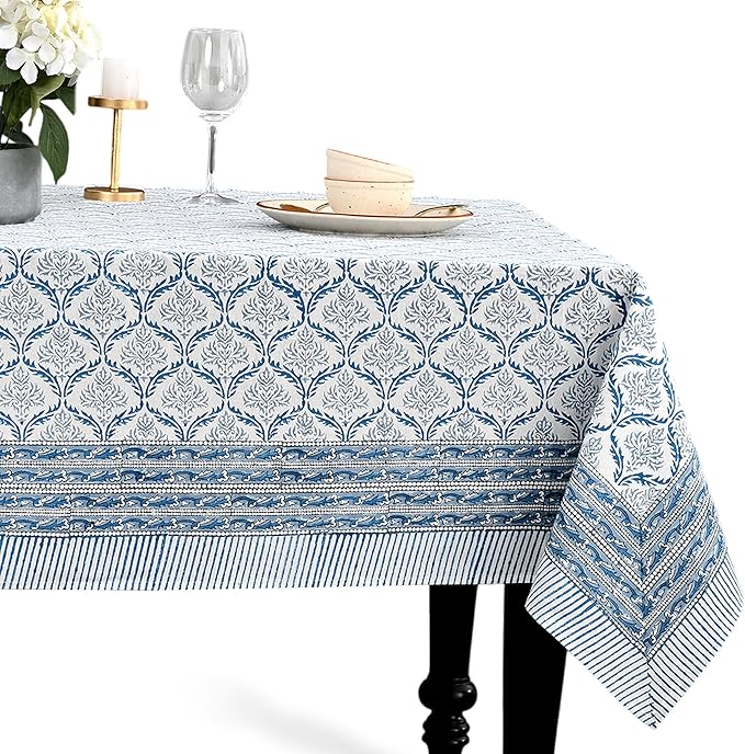 CPC Indigo Regal Tablecloth 100% Cotton 60x60 Inch Indian Block Print Rectangle Table Cover, Table Cloth for Gifting in Weddings, Halloween, Fall, Christmas, Thanksgiving