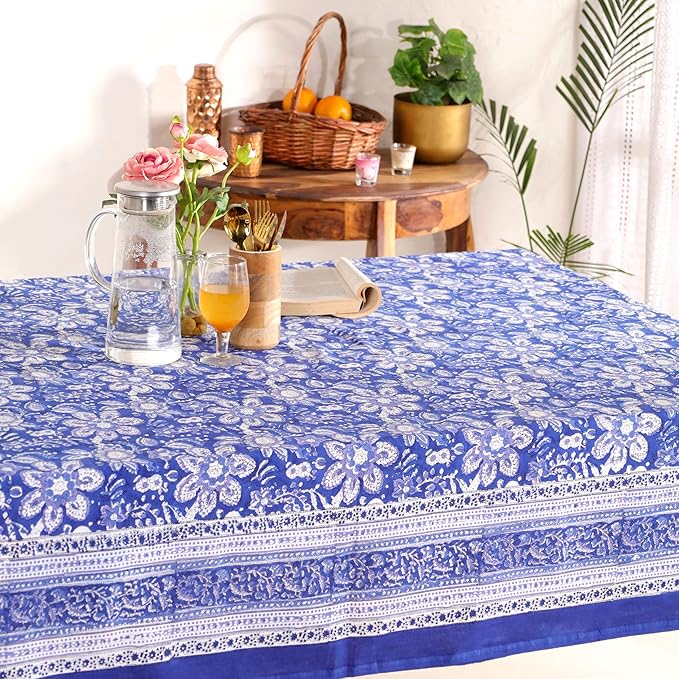 Hand Block Printed Table Cover - Exquisite Design, Premium Cotton Fabric, Perfect for Dining and Decor, Dining Table Linen (Blue Petal Harmony, 6 Seater 60 x 90 Inches Rectangle)