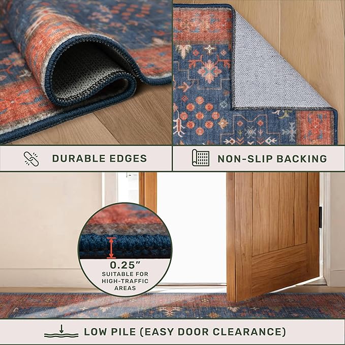 Washable Navy Blue Living Room Rug, 8x10 Area Rug For Bedroom, Dining Room Rugs for Under Table - Low Pile Non-Slip Rubber Backing Stain Resistant Rug - Aethestic Boho Home Decor (8x10 Navy Blue)