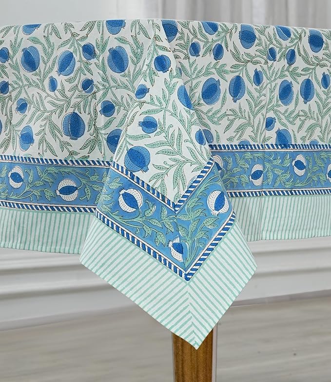 Ridhi Hand Block Print Queen Blue Rectangle Cotton Tablecloth 120" x 80" Reusable Table Cover Decorative Everyday Use for Dining, Farmhouse, Home Gift for Spring, Easter, Valentine