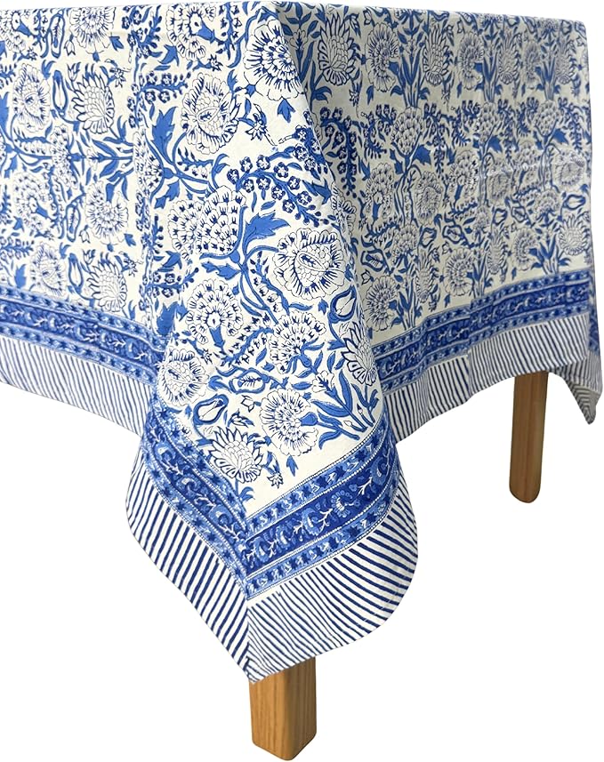 ATOSII Indigo Bloom 100% Cotton Rectangle Summer Tablecloth, Handblock Floral Print Linen Table Cloth for Kitchen Dining I Parties, Weddings, Outdoors, 60 X 108 Inches I 8 Seater
