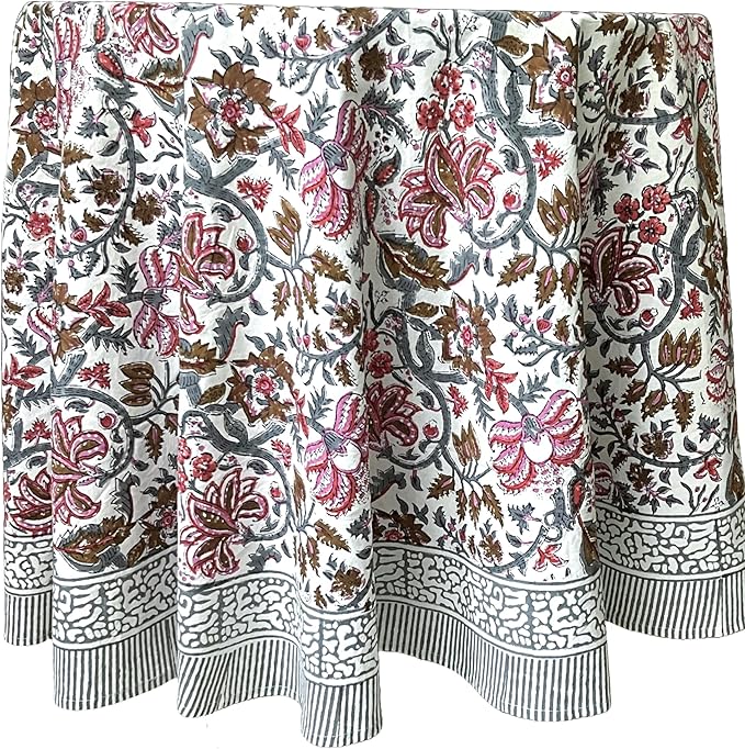 ATOSII Eden Multicolor 100% Cotton Round Tablecloth, Handblock Print Floral Table Cloth for Kitchen Dining Linen I Parties, Weddings, Outdoors, Holidays I Fall Home Decor 90" Inches Round