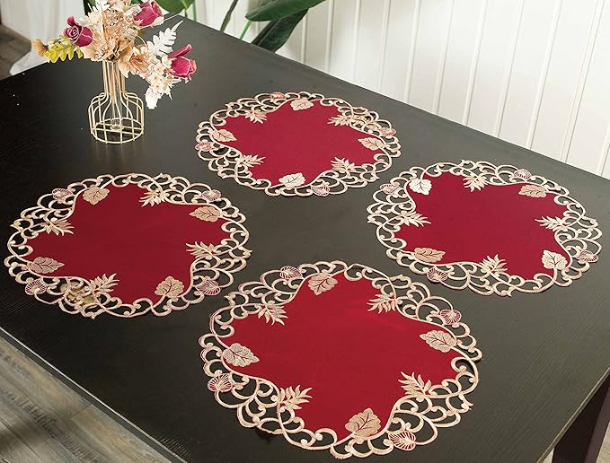Decozen Set of 4 Doilies for Table, Lace Doilies Rustic Farmhouse Kitchen Dining Table Centerpiece Decor, 15 Inch Gold Burgundy Round Placemats for Home, Valentines Day Gifts, Valentines placemats
