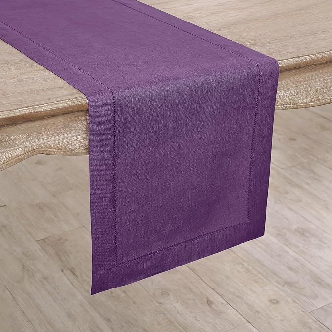Solino Home Linen Purple Table Runner 48 Inches - Classic Hemstitch, 100% Pure Linen Coffee Table Runner 14 x 48 Inch Ideal for Dresser Tables - Winter, Spring, Easter, Valentines