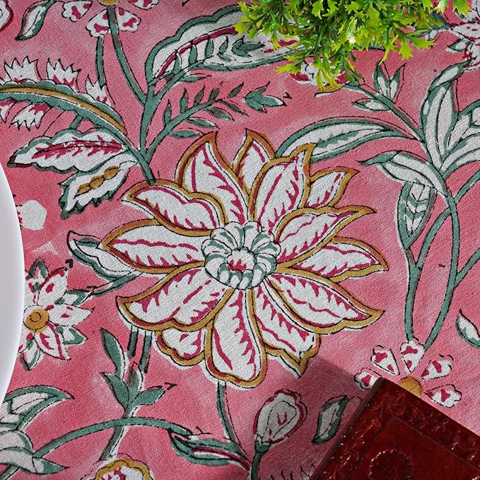Ridhi Block Print Round Candy Pink Reusable Tablecloth 100% Cotton 110" Inch Decorative Table Cover eveyday Dining, Home, Party, Wedding, Farmhouse Gift for Spring, Easter, Valentine