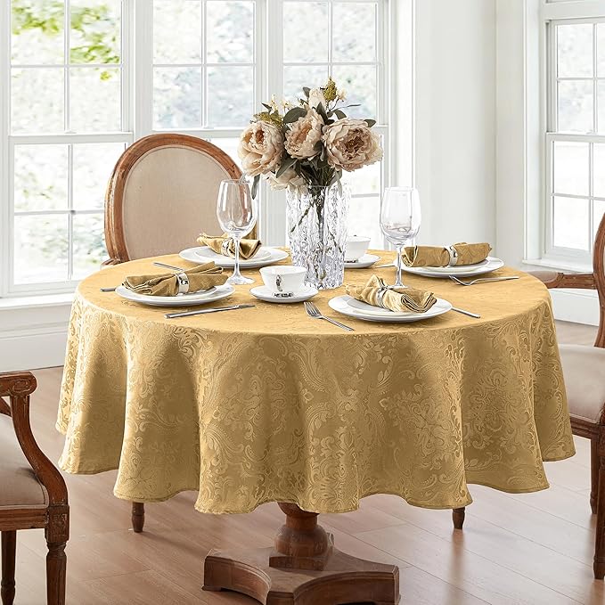 Elrene Home Fashions Caiden Elegance Damask Waterproof, Stain & Wrinkle Resistant Fabric Tablecloth, 90" Round, Gold (Pack of 12)