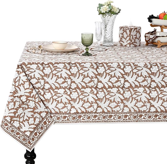 Ridhi Hand Block Print Oak Brown Rectangle Cotton Tablecloth 108" x 70" Reusable Table Cover Decorative Everyday Use for Dining, Farmhouse, Home Gift for Spring, Easter, Valentine