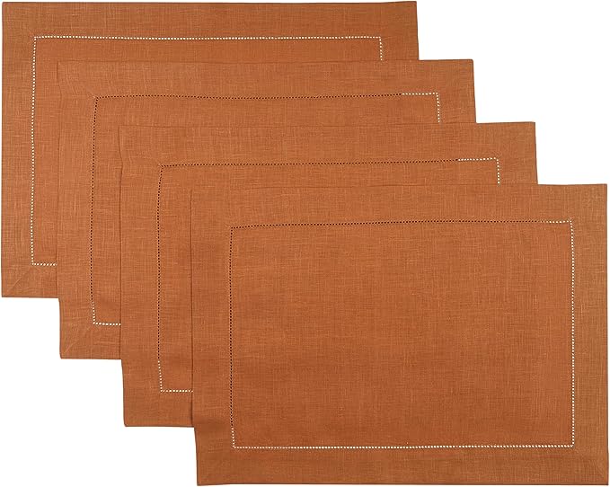 D'Moksha Homes Rust Linen Placemats Set of 4 - Classic Hemstitch Placemats 14 x 19 Inch - 100% Pure Linen Table Mats for Spring, Easter - Handcrafted and Machine Washable