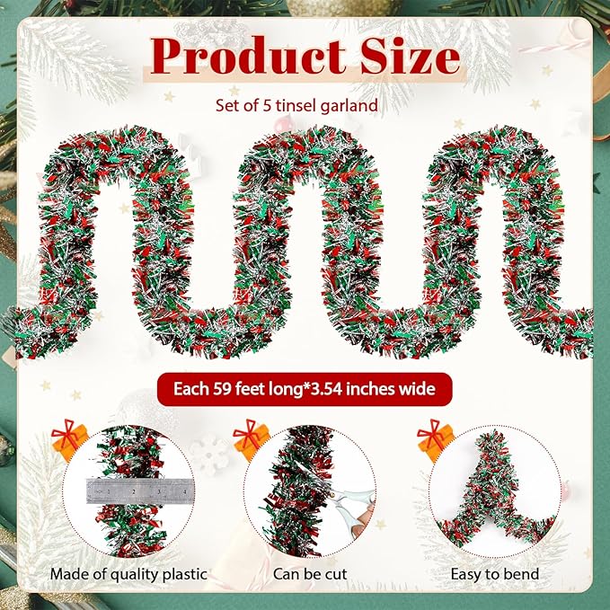 295 Feet Mardi Gras Tinsel Garland Metallic Tinsel Garland Glitter Twist Metallic Shiny Hanging Garlands Decorations Mardi Gras Tree Ornaments for Carnival Party(Red, Green, Silver)