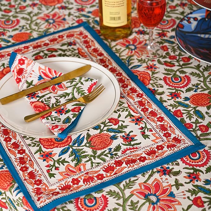 Hand Block Printed Cotton Tablecloth – Elegant Floral Design Perfect for Dining Table Kitchen Parties Home Decor, Wall Tapestry (Peach Floral, 4 Seater 60 Inches Round)