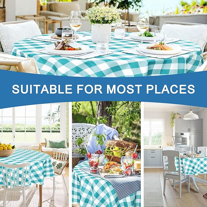 Hiasan Checkered Round Tablecloth 50 Inch - Waterproof Stain and Wrinkle Resistant Washable Fabric Table Cloth for Dining Room Party Outdoor Picnic,Turquoise and White