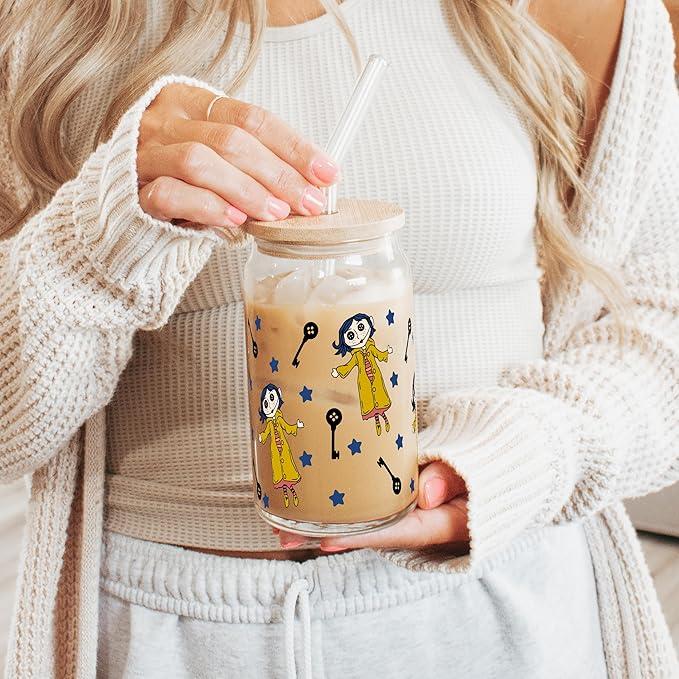 Sip-Sip Hooray! Button Doll 16oz Glass Can Cup with Lid & Straw, Cute Iced Coffee Tumbler, Dishwasher Safe Matcha Glass, Kawaii Soda Can Drinkware, Gift for Girls & Aesthetic Lovers