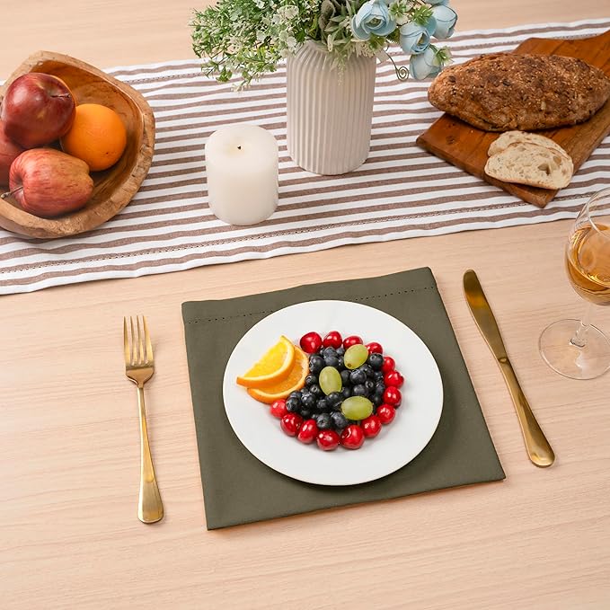 Blue Needles Set of 6 Hemstitch Linen Napkins 100% Cotton Olive Green Cloth Dinner Napkins 18x18 inches, Soft, Reusable, Absorbent, Washable, Ideal for Wedding Events, Parties & Everyday Use