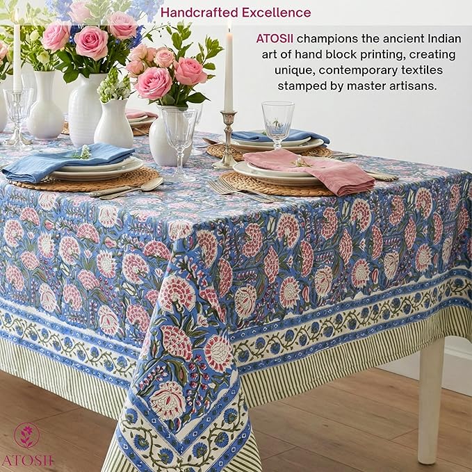 ATOSII Clover Pink 100% Cotton Rectangle Boho Fall Tablecloth, Handblock Floral Table Cloth Linen for Kitchen Dining I Parties Wedding Outdoors Christmas Thanksgiving I 72 X 120 Inches I 10 Seater