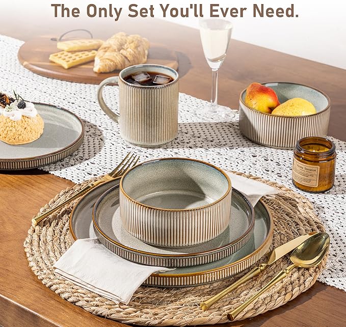 GBHOME 24-Piece Stoneware Dinnerware Set for 8 – Ribbed Ceramic Plates and Bowls, Scratch-Resistant, Microwave & Dishwasher Safe, Reactive Glaze, Mist Green