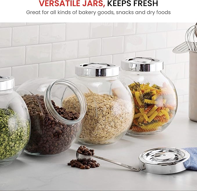 Bormioli Rocco Pandora Glass Candy Jar 75½-Ounce Cookie Jar (2 Pack) with Plastic Airtight Seal Lid 2-Way Display, Bulk-Food Storage Jar for Snacks, Dry Food, Jelly Beans Canister, Apothecary Jars.