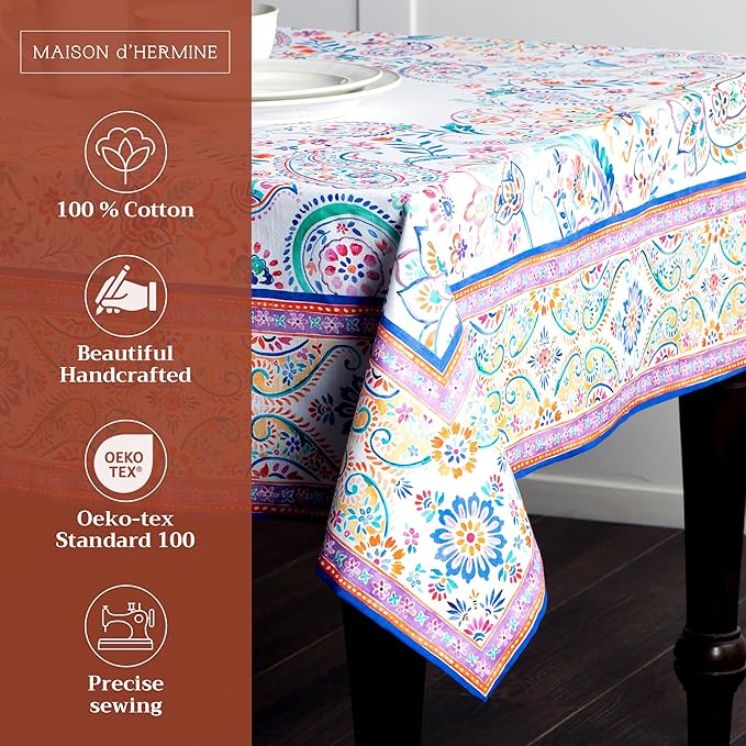 Maison d' Hermine Table Cloth Rectangle Table 100% Cotton 54 x 72 Inches Tablecloth Reusable Decorative for Dining Room Farmhouse Home Valentines Day Decorations Spring Summer - Indian Floral