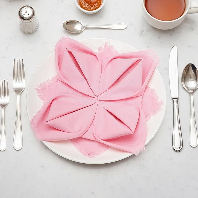 Lightnpro Cotton Napkins Set of 12, Beautiful Handmade Fringe Dinner Cloth Napkins, Washable and Reusable for Dining, Parties, Weddings, Holiday & Everyday Use - 18x18 Inch Baby Pink