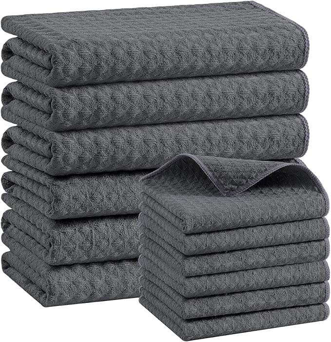 Homaxy Microfiber Waffle Weave Kitchen Towels Set, 16 x 28 Inch and 12 x 12 Inch Ultra Absorbent and Solid Color Dish Towels, 12 Pack, Dark Grey